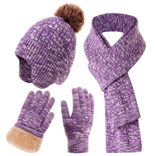 Winter Hat Scarf Gloves Set for Women, Classic Cable Beanie with Removable Pom Pom Long Scarf Touchscreen Gloves 3 in 1 Set - color: Purple Mix
