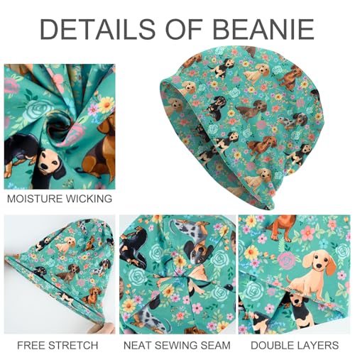 Slouchy Beanie Hat Skull Cap Chemo Headwear Baggy Hats for Men Women Running Cycling - color: Floral Dachshunds