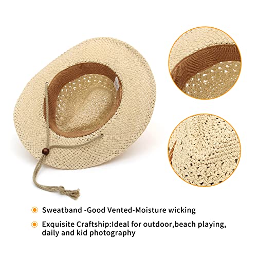GEMVIE Baby Toddler Kids Sun Straw Western Cowboy Hat Wide Brim with Chin Strap - color: Beige