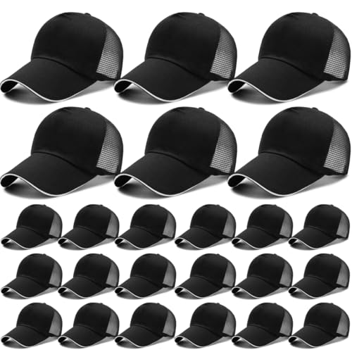 24Pack Baseball Cap Blank Trucker Hats Bulk Wholesale Hats Adjustable Plain for Men Women - color: Black-mesh