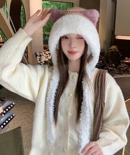 HUAMULAN Women Winter Sherpa Knit Beanie Hat Fleece Lined Ear Flaps - color: Khaki and White