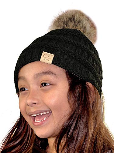 C.C Children's Kids' Soft Stretch Cable Knit Faux Fur Pom Beanie Hat - color: Black