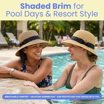 Funky Junque Foldable Wide Brim Straw Sun Hat, Packable Beach Cap - color: Natural