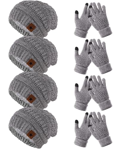 JaGely 8 Pieces Women Winter Hats and Gloves Set Women Warm Touchscreen Knitted Lined Gloves Winter Beanies - color: Mixed White Grey