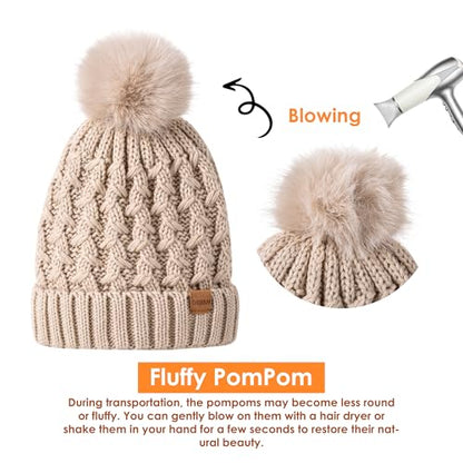Women Winter Beanie Hat Gloves Set Pom Hat with Warm Fleece Lined Touchscreen Gloves for Cold Weather - color: Dark Grey
