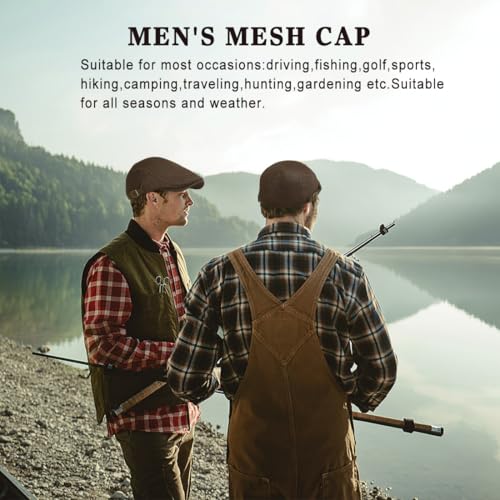 Xinveen Men's Mesh Cap Breathable Summer Newsboy Hat Adjustable Beret Ivy Cap Irish Cabbie Driving Hunting Hats - color: Coffee