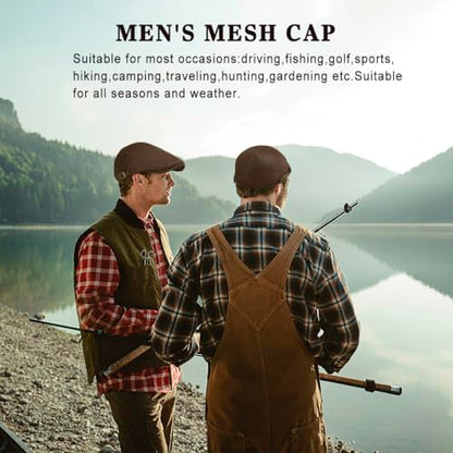 Xinveen Men's Mesh Cap Breathable Summer Newsboy Hat Adjustable Beret Ivy Cap Irish Cabbie Driving Hunting Hats - color: Coffee