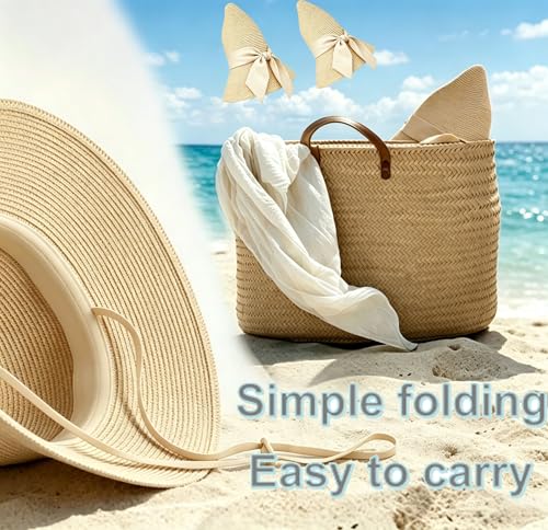 Foldable Wide Brim Straw Sun Hat for Women, UV Protection Packable Travel Summer Beach Hat Cream Color Lightweight Outdoor Festival Sun Hat