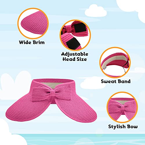 Straw Sun Visor for Women, Wide Brim UPF 50+ Protection Beach Hat, Adjustable, Roll Up Foldable Ponytail Cap with Chin Strap - color: Hot Pink
