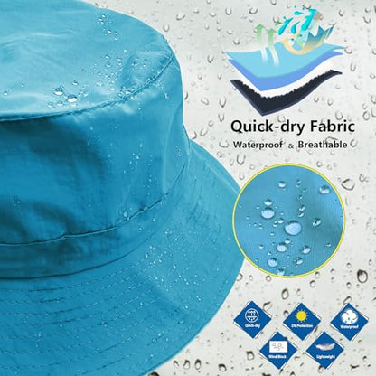 woogwin Waterproof Bucket Rain Hat with Chin Strap Quick Dry Packable Boonie Sun Hat Safari Hat UV Protection - color: Lake Blue