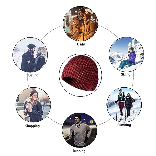 Winter Beanie Hat for Men & Women - Warm Stretchy Skull Cap, Thick Knitted Cuffed Beanies for Cold Weather - color: Claret