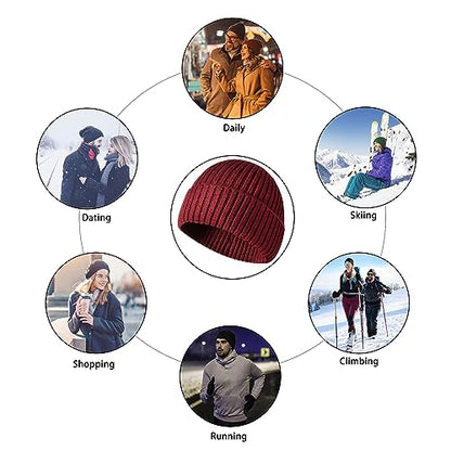 Winter Beanie Hat for Men & Women - Warm Stretchy Skull Cap, Thick Knitted Cuffed Beanies for Cold Weather - color: Claret