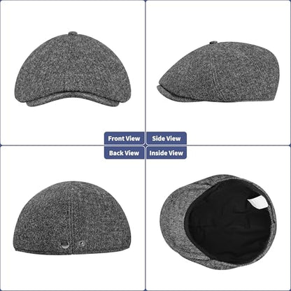 Men's Wool Blend Newsboy Cap Adjustable Gatsby Ivy Newsies Cabbie Hat Classic 8 Panel Tweed Flat Winter Hat - color: Plaid Darkgrey_2, size: Medium