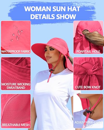 Womens Sun Hat Outdoor UV Protection Wide Brim Fishing Hat with Ponytail Hole Neck Flap for Beach Hiking Camping - color: Sun Hat-watermelon Red