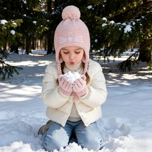 Girls Winter Hat Gloves Set, Kids Cat Embroidered Knit Beanie with Earflaps - color: Pink