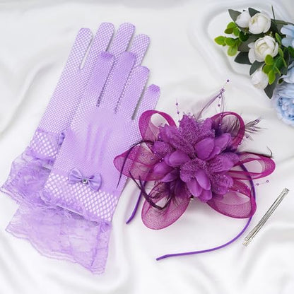 Fascinators Hats with Lace Gloves for Women Headband for Tea Party Wedding - color: Purple