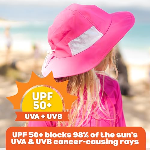 SwimZip UPF 50 Kids' Wide Brim Sun Hat, Sun Protection Hat - Baby & Toddler - color: Neon Shocking Pink, size: 8-14 Years