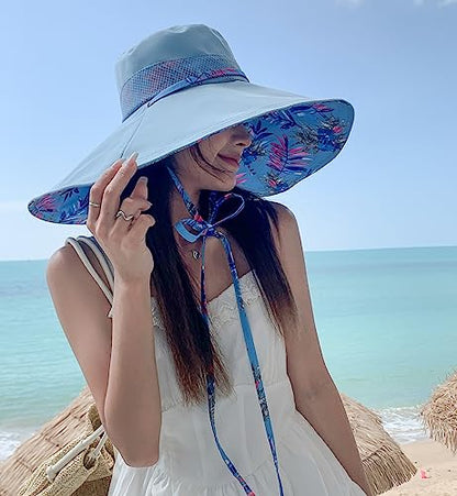 HUAMULAN Wide Brim Women Summer Sun Floppy Hat Reversible Beach Bucket Hat - color: M2446-blue