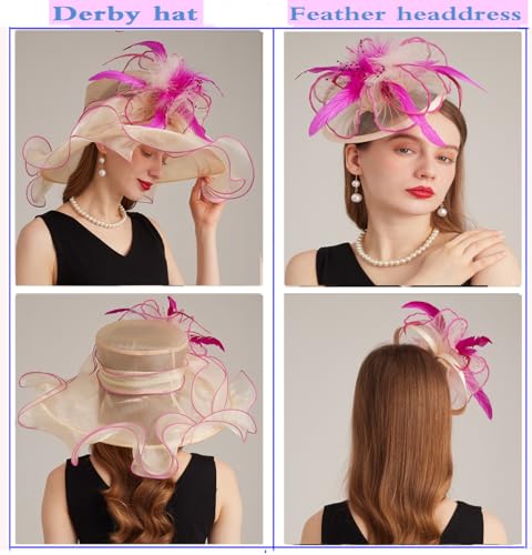 Women Derby Church Hat Organza Flower Wedding Tea Party Fascinator Wide Brim Sun Hat - color: 16-beige