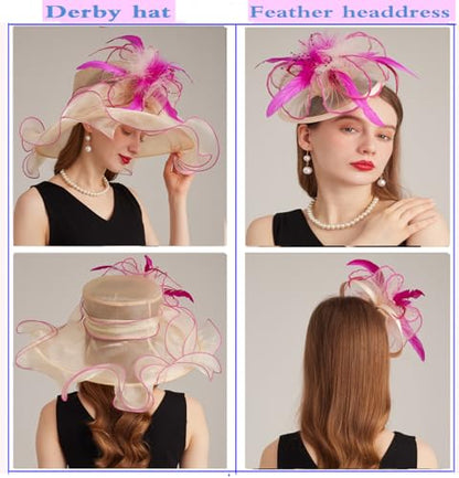 Women Derby Church Hat Organza Flower Wedding Tea Party Fascinator Wide Brim Sun Hat - color: 16-beige