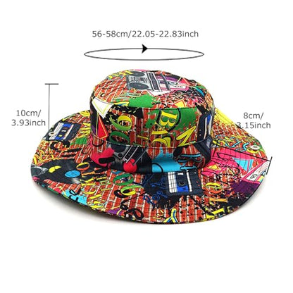 Sun Bucket Hat for Men Women Fishing Beach Safari Trendy Cotton Cowboy Cap for Golf Hiking Hunting Outdoor Boonie - color: 90s Graffiti
