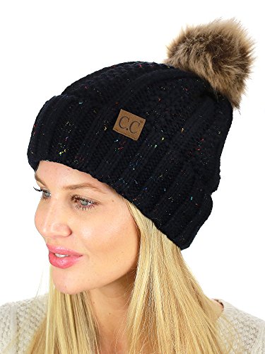 C.C Thick Cable Knit Faux Fuzzy Fur Pom Fleece Lined Skull Cap Cuff Beanie - color: Confetti Black