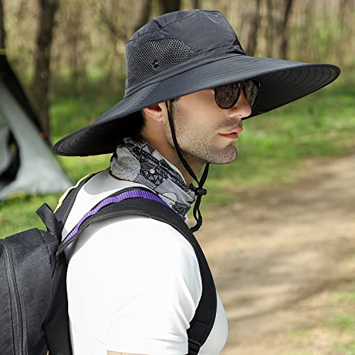 HUAMULAN Men Women 6" Wide Brim Sun Protection Hat Summer Fishing Hats - color: Hn002-black