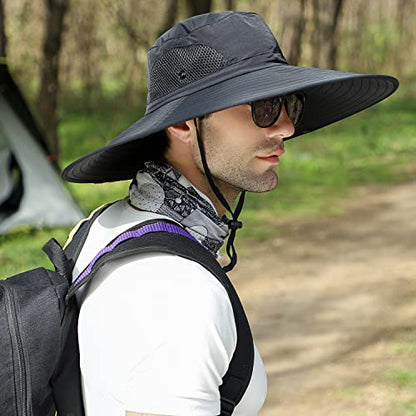 HUAMULAN Men Women 6" Wide Brim Sun Protection Hat Summer Fishing Hats - color: Hn002-black