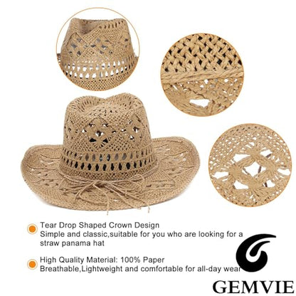 GEMVIE Men & Women's Summer Cowboy Cowgirl Straw Hat Hollow Out Style Roll Up Brim Cowboy Sun Hat - color: Coffee