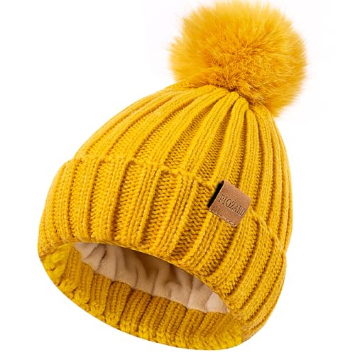 Womens Winter Beanie Hat Fleece Lined Warm Skull Cap with Faux Fur Pom Cuff Knitted Hat for Women - color: Yellow