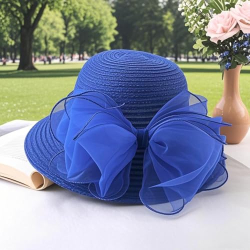 Haoohu Women's Church Derby Hat Wide Brim Bow Bucket Hat Wedding Dress Hat Fascinator Bridal Tea Party Hat - color: Blue