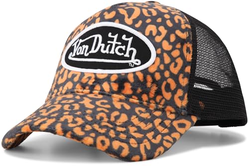 Von Dutch Unisex Velvet Trucker Hat, Curved Bill, Mesh Back, Snapback - color: Orange Leopard