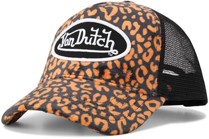 Von Dutch Unisex Velvet Trucker Hat, Curved Bill, Mesh Back, Snapback - color: Orange Leopard