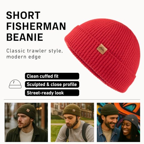 TOP-EX 100% Australian Merino Wool Fisherman Beanie, Short Cuffed Knit - color: Signal Red, size: X-Large-XX-Large