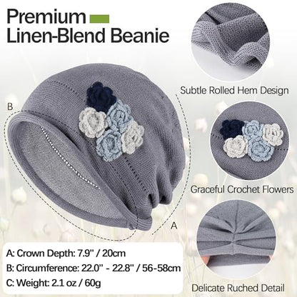 Ababalaya Breathable Cotton Linen Slouchy Beanie Hat for Women - color: Light Gray