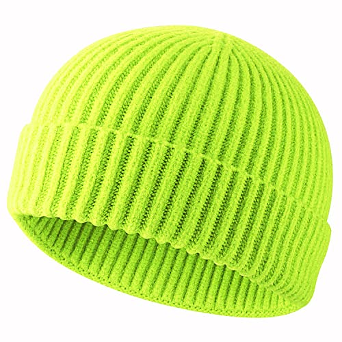 ROYBENS Swag Wool Knit Cuff Short Fisherman Beanie for Men Women Winter Hat - color: 1pcs-neon Green