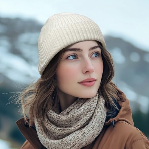 Croogo Knit Beanie Hat Fisherman Ski Caps Fall Winter Warm Knitted Ribbed Cuffed Skull Cap Slouchy Toboggan Cap for Men Women - color: Kh43-white