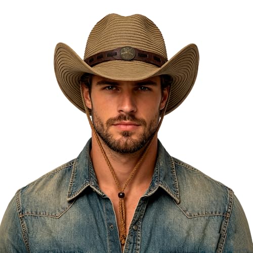Unisex Straw Cowboy Hat Wide Brim Western Sun Hat Adjustable Beach Cowgirl Hat for Summer Outdoor Sun Protection - color: Khaki Color, Leather Hat Strap