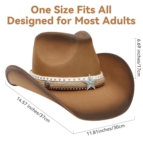 WQWOVRVO Cowboy Hat,Cowgirl Hat,Western Cowboy Hats for Women/Mens/Straw Wide with Shapeable Brim Cowboy Hat for Womens - color: Camel & Coffee Color