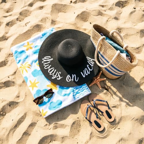 DRESHOW Big Straw Sun Hats for Women Floppy Foldable Roll up Beach Cap Sun Hat UPF 50+ Vacation Honeymoon Embroidered Hat - color: Ae Always on Vacay: Black