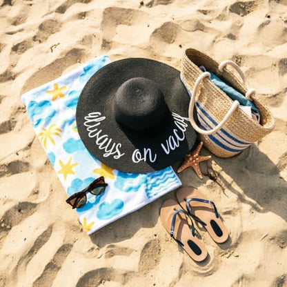 DRESHOW Big Straw Sun Hats for Women Floppy Foldable Roll up Beach Cap Sun Hat UPF 50+ Vacation Honeymoon Embroidered Hat - color: Ae Always on Vacay: Black