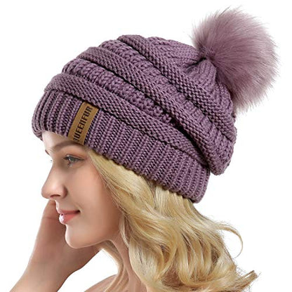Women Knit Slouchy Beanie Chunky Baggy Hat with Faux Fur Pompom Winter Soft Warm Ski Cap - color: C1-purple