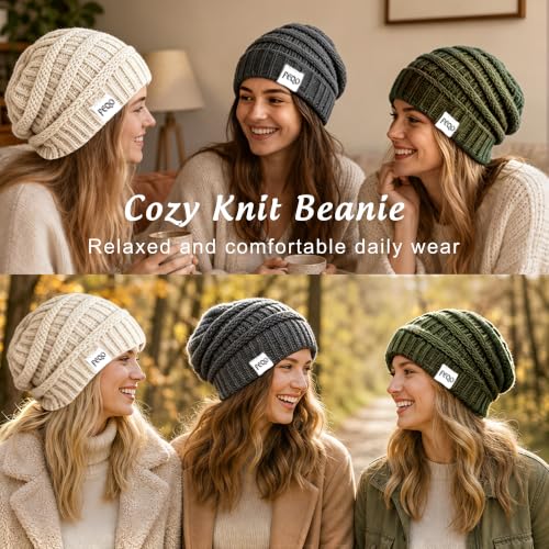FEQO 4 Pack Satin Lined Beanies Slouchy Beanie Oversized Cable Knit Caps - color: Black, Army, Dark Gray, Beige