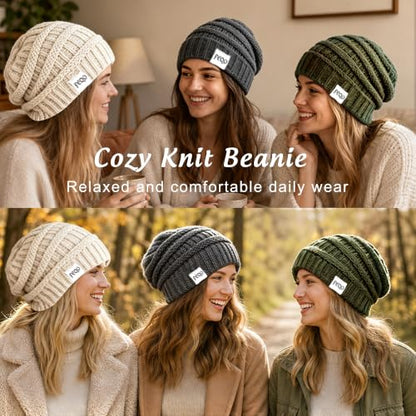 FEQO 4 Pack Satin Lined Beanies Slouchy Beanie Oversized Cable Knit Caps - color: Black, Army, Dark Gray, Beige