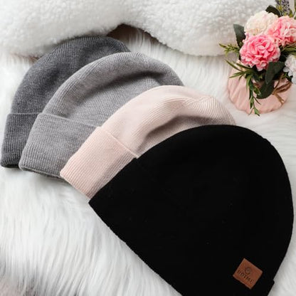 Merino Wool Beanie Hat for Women, Fleece Lined Pure Wool Ribbed Knit Warm Winter Cuffed Cap