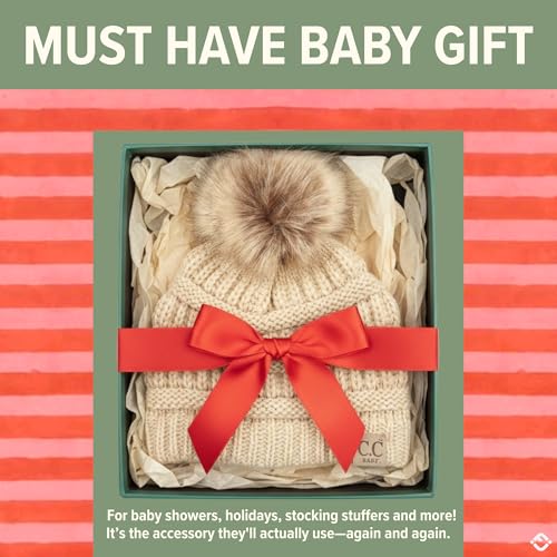 Funky Junque Baby Pom Pom Beanie – Soft Knit Infant Winter Hat for Baby Girls & Boys, Cozy Warm Newborn Beanie 0–12 Months - color: Beige - Faux Fur Pom