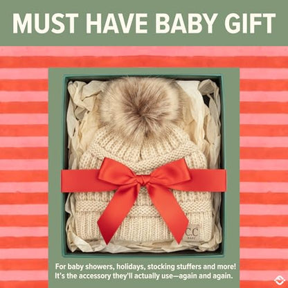 Funky Junque Baby Pom Pom Beanie – Soft Knit Infant Winter Hat for Baby Girls & Boys, Cozy Warm Newborn Beanie 0–12 Months - color: Beige - Faux Fur Pom
