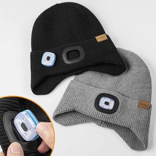 Etsfmoa Hat with Light,Fleece Lined Beanie with Earflaps,Gifts for Men Dad - color: Grey