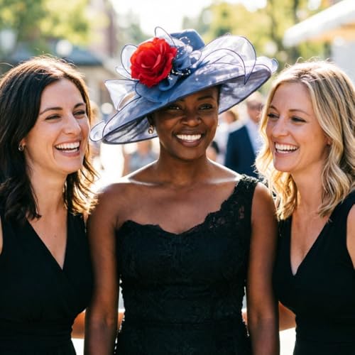 DRESHOW Women Organza Hat Church Cap Hats Clearance Kentucky Derby Cocktail Tea Party Wedding Flower Hat with Wide Brim - color: A Navy Blue Ab