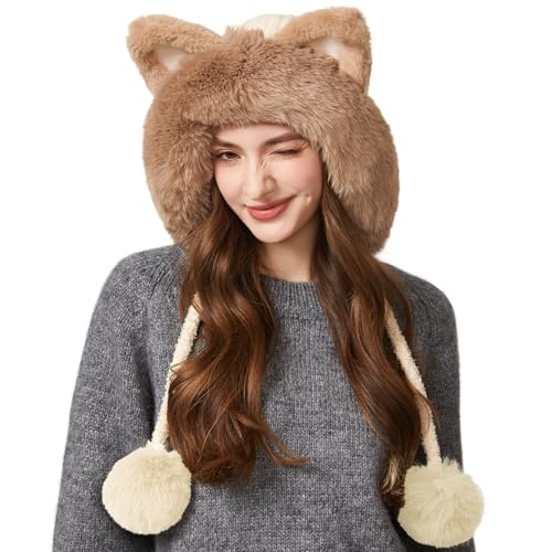 Women Winter Sherpa Beanie Hats Knit Ear Flap Hat Fleece Lined - color: Beige With Ear